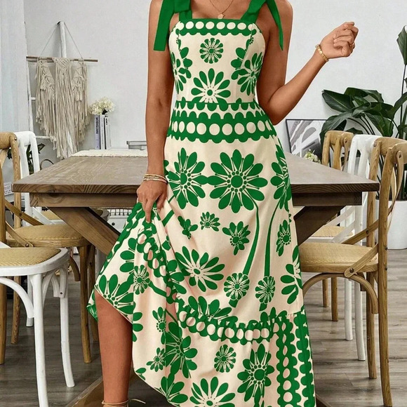 Green Casual Women's Print Laced Shoulder Cut-Out Waist Dress Vacation Beach - Picture 4 of 6